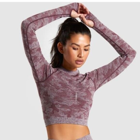 Gymshark‎ Camo Seamless L/S Crop Top workout Burgandy size small - Picture 1 of 10